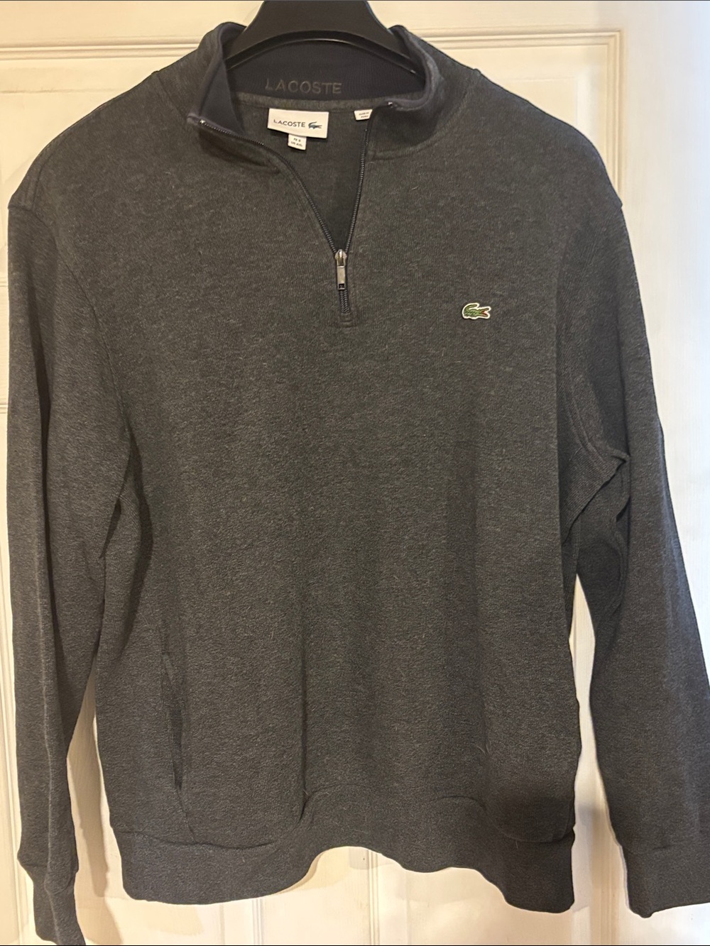 Lacoste Men's Dark Gray Quarter-Zip Sweater Embroidered EU 9 fits like US XL
